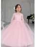 Elbow Sleeve Blush Pink Lace Tulle Flower Girl Dress Elbow Sleeve Blush Pink Lace Tulle Flower Girl Dress